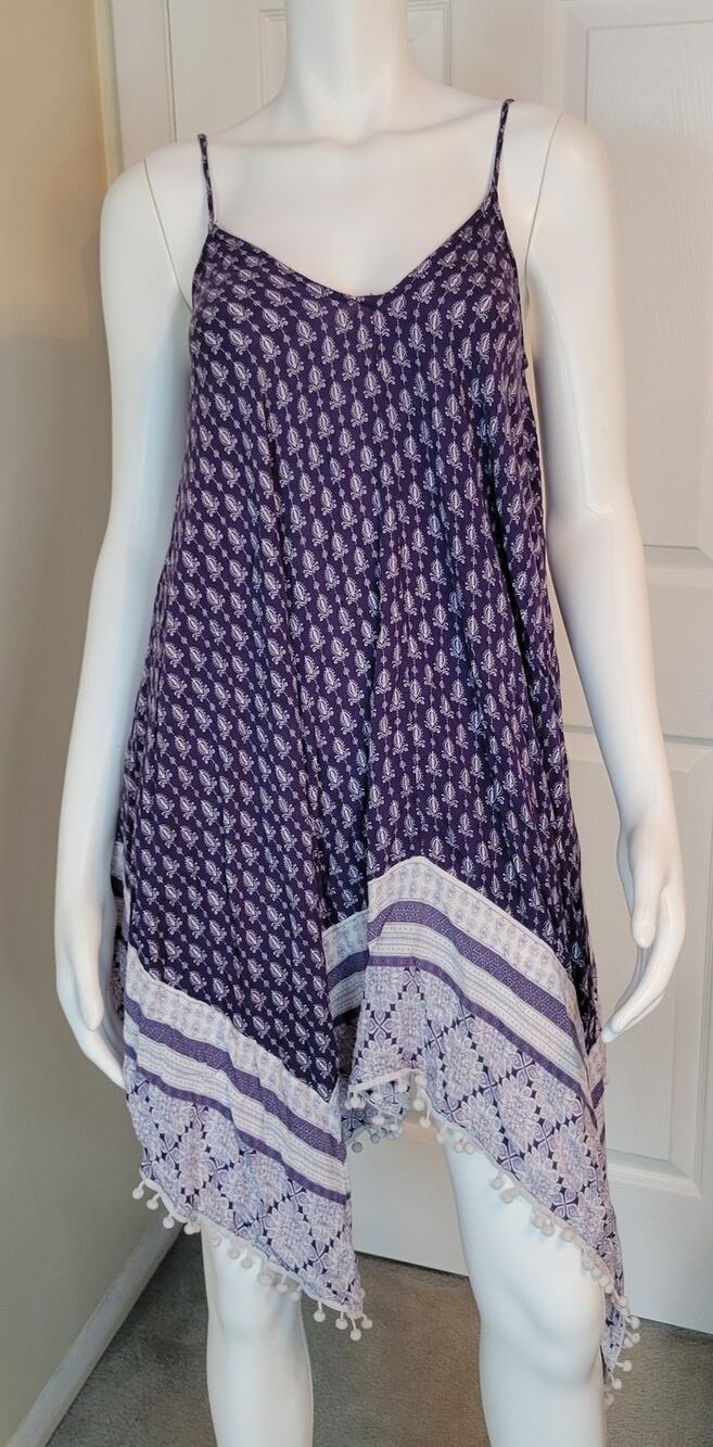Goa Beachwear Japna Blue White  Beach Cover Spaghetti Straps Handkerchief Hem XL